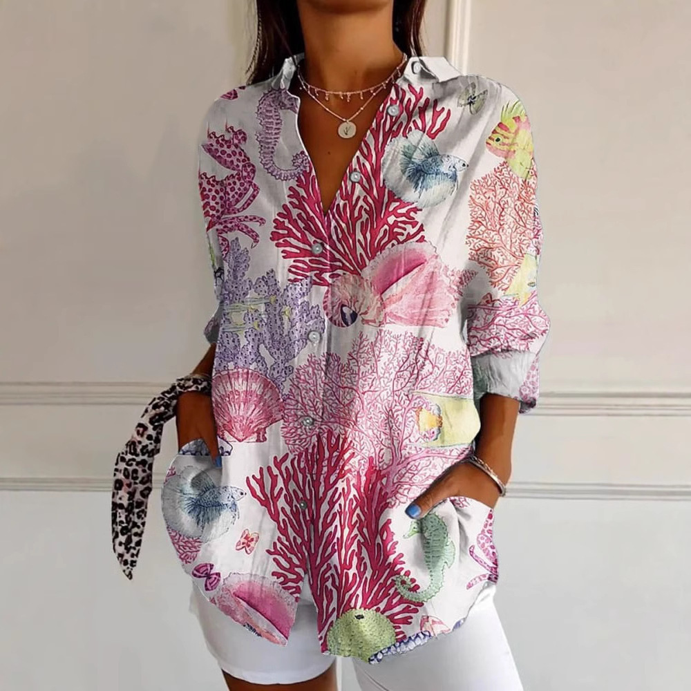 2024 new ladies long shirt summer European and American trend half sleeve flower pattern printing 3D short sleeve fashion