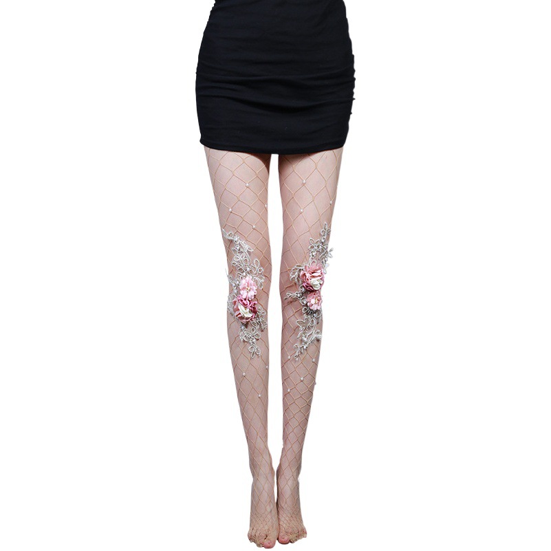 European and American new hot rhinestone large mesh flower pearl skin color embroidery decoration large flower women's pantyhose large mesh stockings