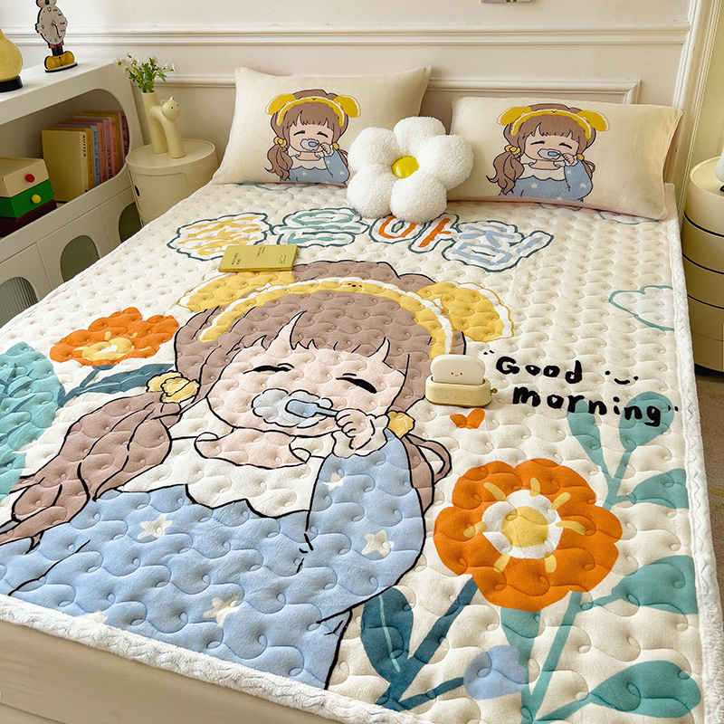 Cartoon fleece-lined Warm Bed Pad High Weight Milk Velvet Mattress Household Thickened Mattress Cushion Crystal Velvet Cushion