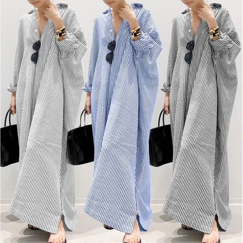 2024 Cross-border AliExpress New Cotton and Linen Striped Cardigan Loose plus size Temperament Commuter Irregular dress