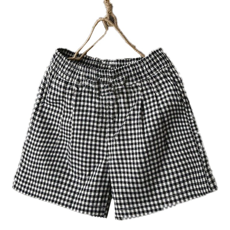 Asian cotton shorts women's summer loose slimming elastic waist plaid plus size thin breathable wide-leg pants casual hot pants fashion