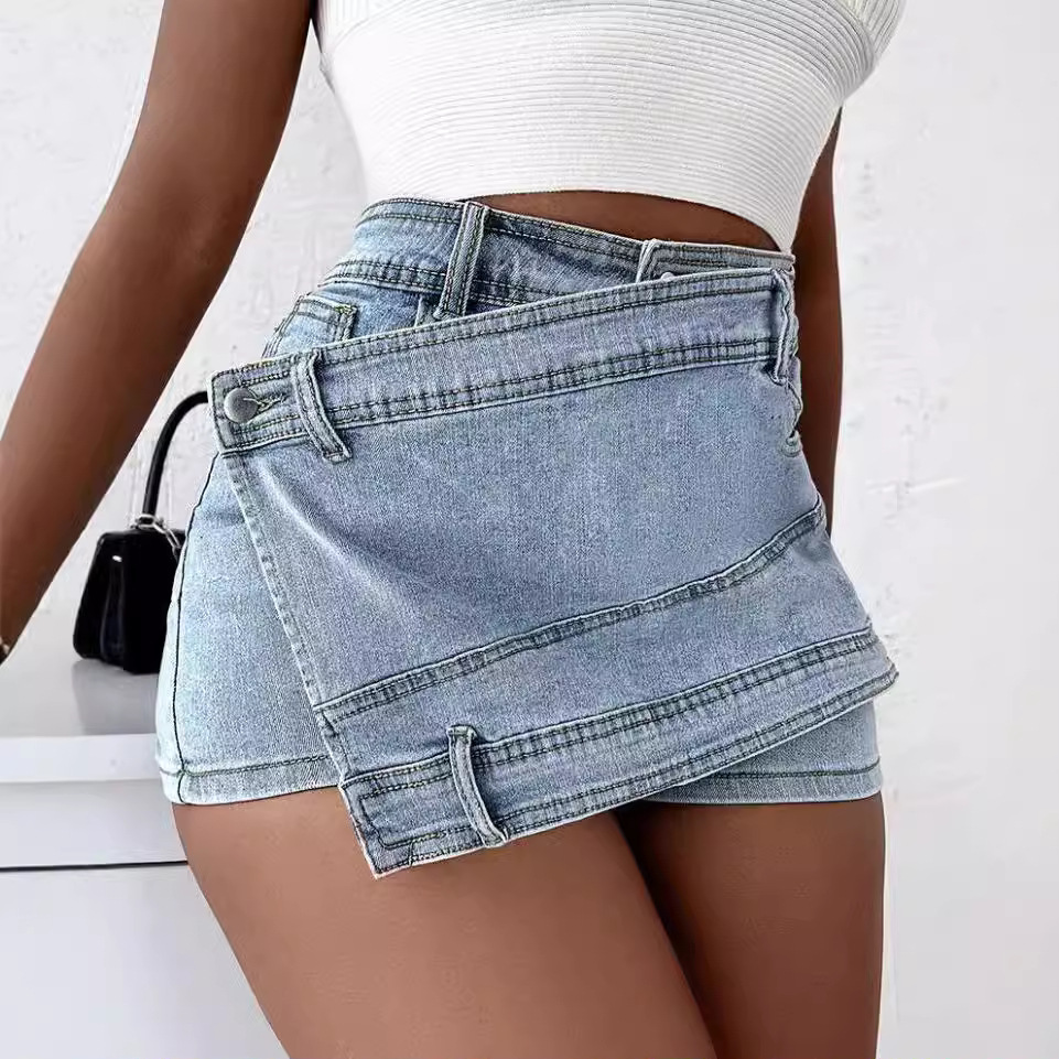 Women's plus size A- line High Waist Irregular Wide-leg Pants Women's Summer Korean-style Slim Denim Skirt Pants Trendy Ins Shorts