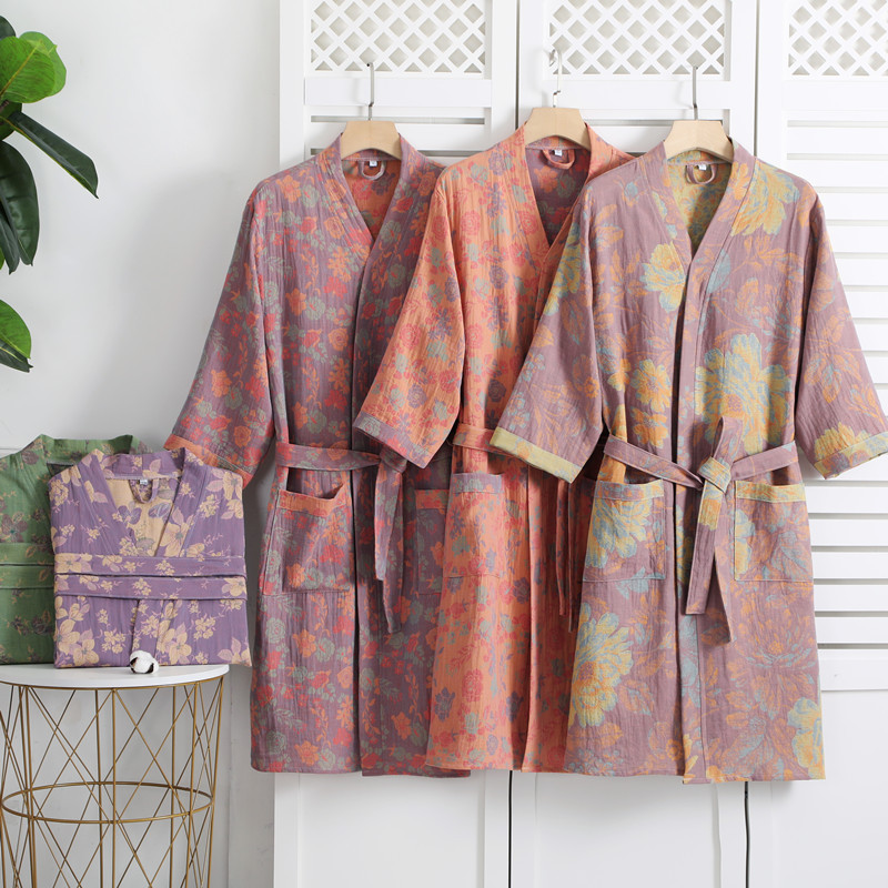 Pure cotton double-layer gauze bathrobe spring and summer thin Chinese style pajamas home clothes nightgown couple's absorbent quick-drying bathrobe