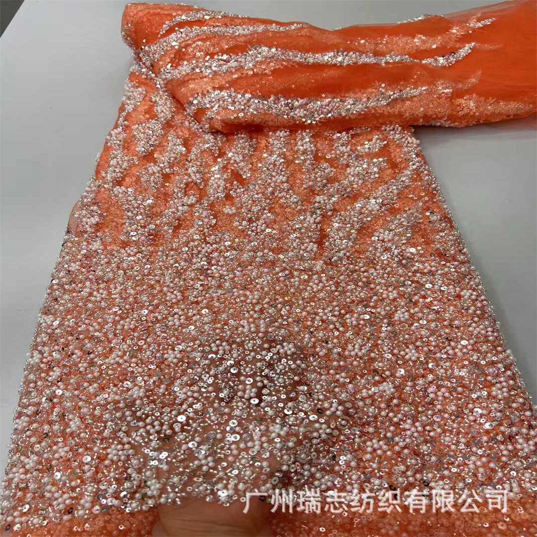 French Single-Sided Wavy Sequin Bead Tube Stereo Embroidered Cloth Wedding Dress Evening Dress Mesh Fabric Lace