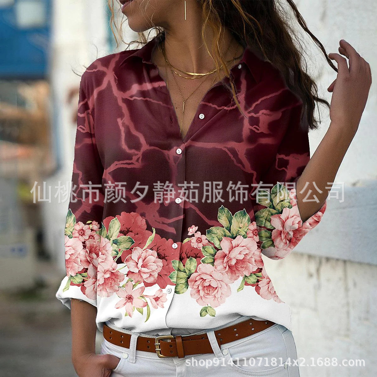 Picture of 2022 New Foreign Trade Women's AliExpress Spring Long Sleeve Shirt Fashion plus size Printed Top