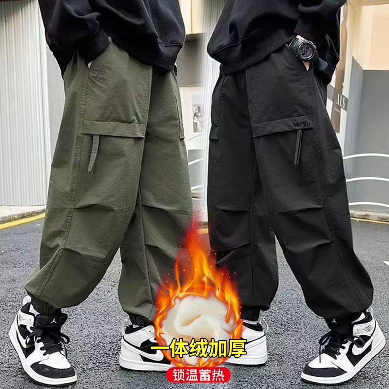 Children's Boys' Pants 2024 New Style Big Children's Autumn Wear Cordwork Pants Spring Autumn Winter Boys Autumn fleece-lined Pants