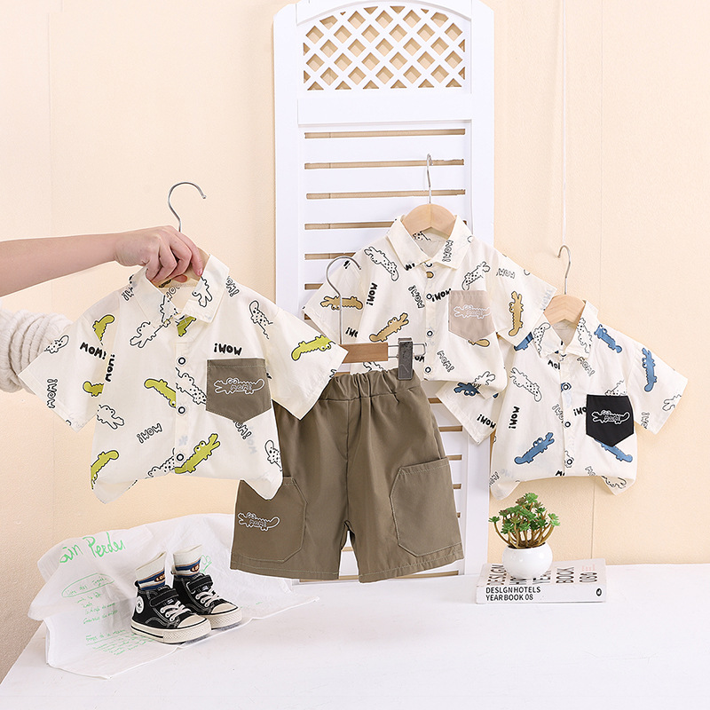 Boys Full Print Cartoon Crocodile Shirt Short-sleeved suit 2025 New Children's Korean Handsome Baby Two-piece Fashionable Set