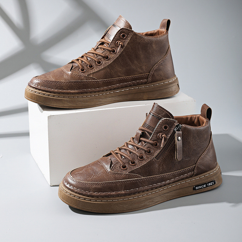 Autumn and Winter New Leather High-top Sneakers Solid Color All-match Flat Work Casual Sports Lace-free Trendy Men's Shoes