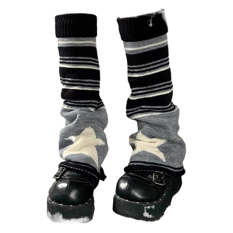 Curry Color Horn Socks with Stars Color-matching Striped Double-sided Knitted Socks for Niche Subculture y2k Wide Leg Set