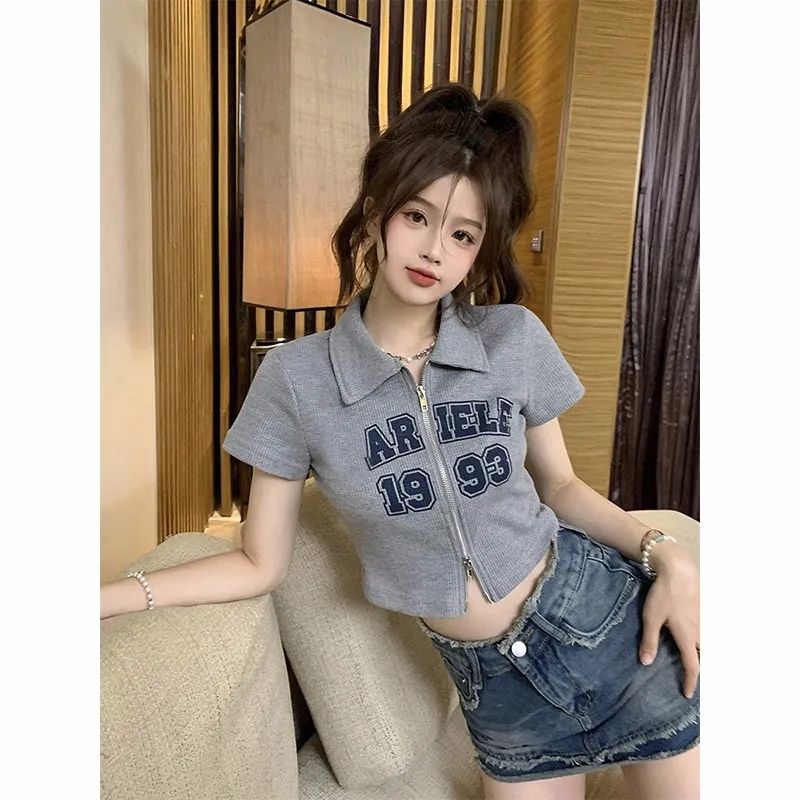 Sweet and Spicy Style Polo Collar Short-sleeved T-shirt Women's Summer New Letter Printed Design Sense Double Zipper Short All-match Top