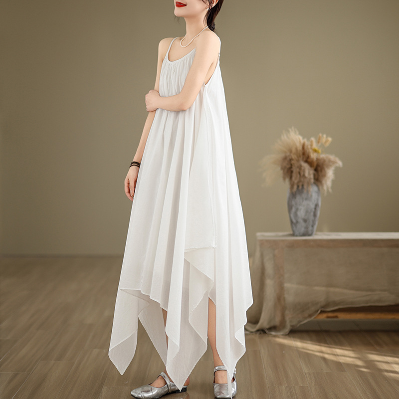 Picture of Black and White Minimalist Irregular Hem Sling Long Dress Children's Loose Beautiful Travel Photoshoot Sleeveless Solid Color Cotton and Linen dress