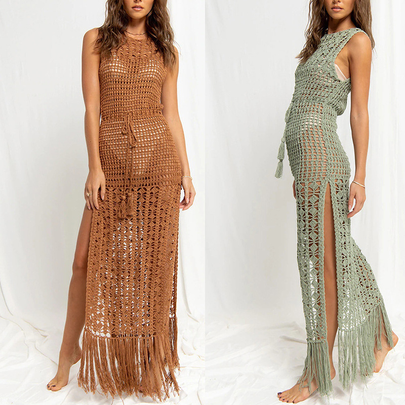 New European and American Arson Cross-border Beach Blouse Hollow Lace-up Tassel Bikini Swimsuit Outer Dress Women
