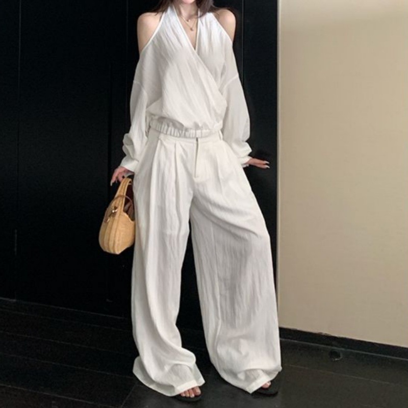 Korean New Style 2025 Summer Lens Focus Dry and Cool Summer Off-Shoulder Top Micro-Flared Casual Pants Suit for Women