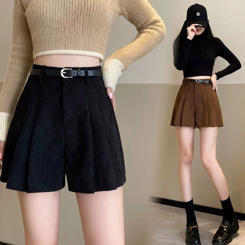 2023 autumn and winter plus size chubby girl black wide-leg pants high waist corduroy A pleated shorts casual boots pants