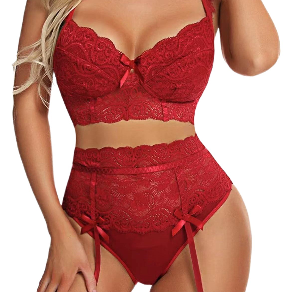 Cross-border supply of European and American foreign trade hot Xiao lace three-piece set of fun three-point sexy suit with garter 2022 New