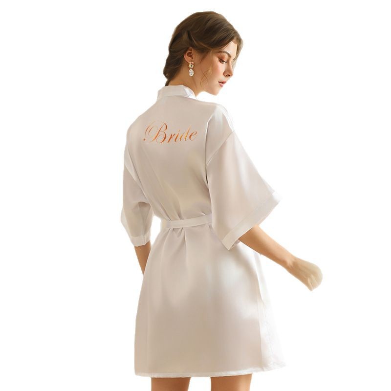 Picture of Bride's Bridesmaid's Morning Gown Wedding Silk Birthday Girlfriend Party Pajamas Lie-down Embroidered Red Nightgown Wedding Morning Gown