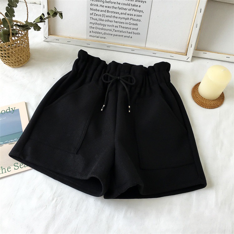Picture of High Waist Woolen Shorts Autumn and Winter 2024 New Black Wide Leg Pants Slimming Spring Outwear Loose Casual Boots for Women