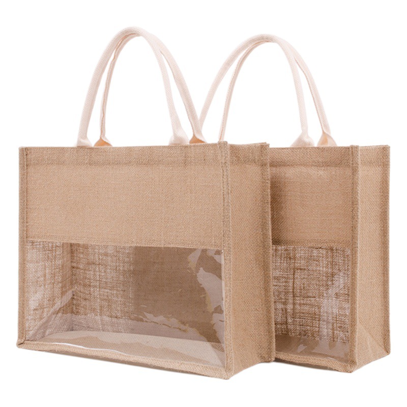 in stock ins fashion jute bag transparent film stitching visual shopping bag large capacity portable sack