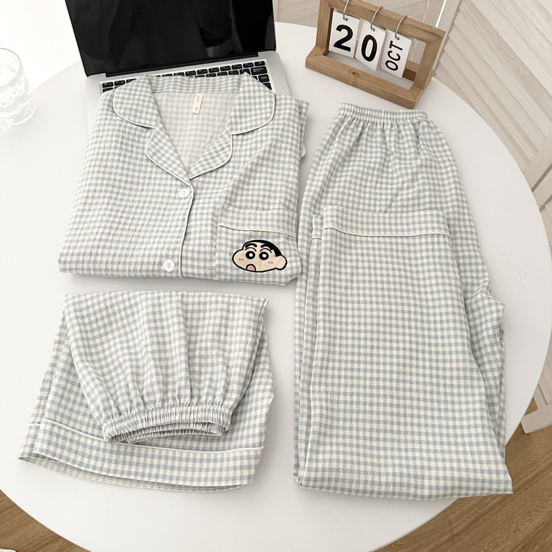 Cloud cotton three-piece# blue crayon pajamas women's summer online popular girls short-sleeved high-end home clothes suit