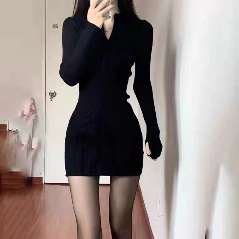 Autumn 2024 New Black Hip Elegant Spice Girls dress Women's Slim-fit Bottoming Long Sleeve Zipper Skirt
