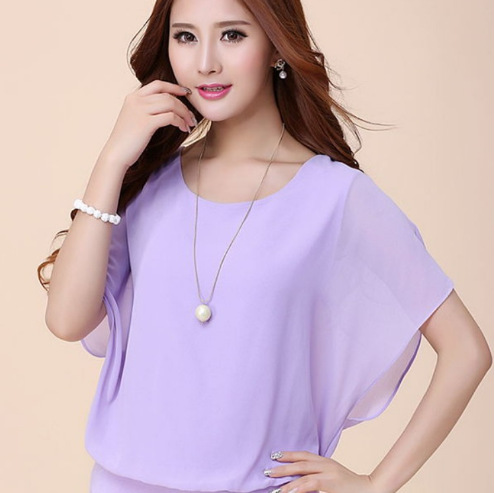 Picture of Foreign Trade Summer New Korean Style Slim-fit Mid-length Short-sleeved Chiffon Top Large Size Loose Base Shirt Women's Small Shirt