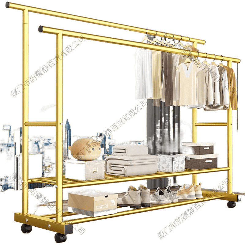 Picture of Clothes Rack, Extra Thick Floor-Standing Vertical Household Bedroom Clothes Rack, Simple Double-Row Clothes Rod with Wheels