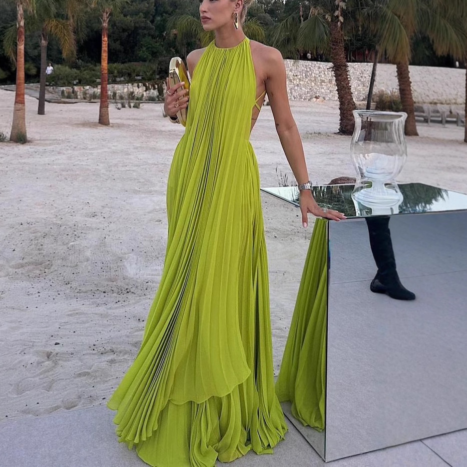 European and American Sexy Women's Cross-border Amazon New Sexy Sleeveless Neck Backless Pleated Elegant dress
