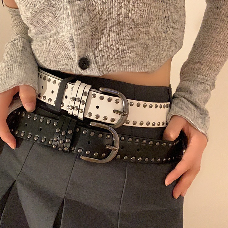 White Punk Style Y2K Vintage Belt Women's New Summer Rivet Women's Belt All-match Decorative Wide Jeans