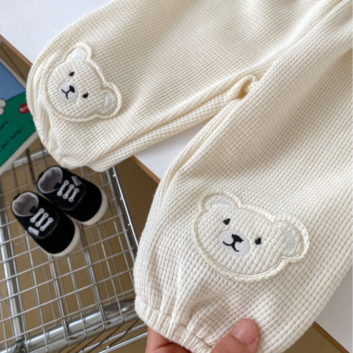Picture of 2024 Spring Children's pants cute bear waffle pants thin outer wear baby baby casual ankle-tied pants