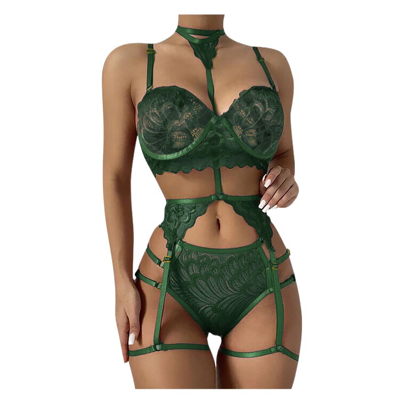 Cross-Border Supply European and American Foreign Trade Sexy Lingerie Sexy Women's Lace Halter Underwear Three-Piece Set Manufacturer Wholesale