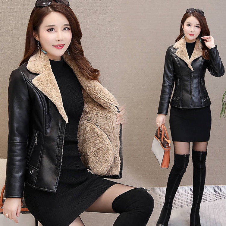 2023 winter new short leather women's thickened fleece-lined warm fur one Korean fashion slim PU leather coat