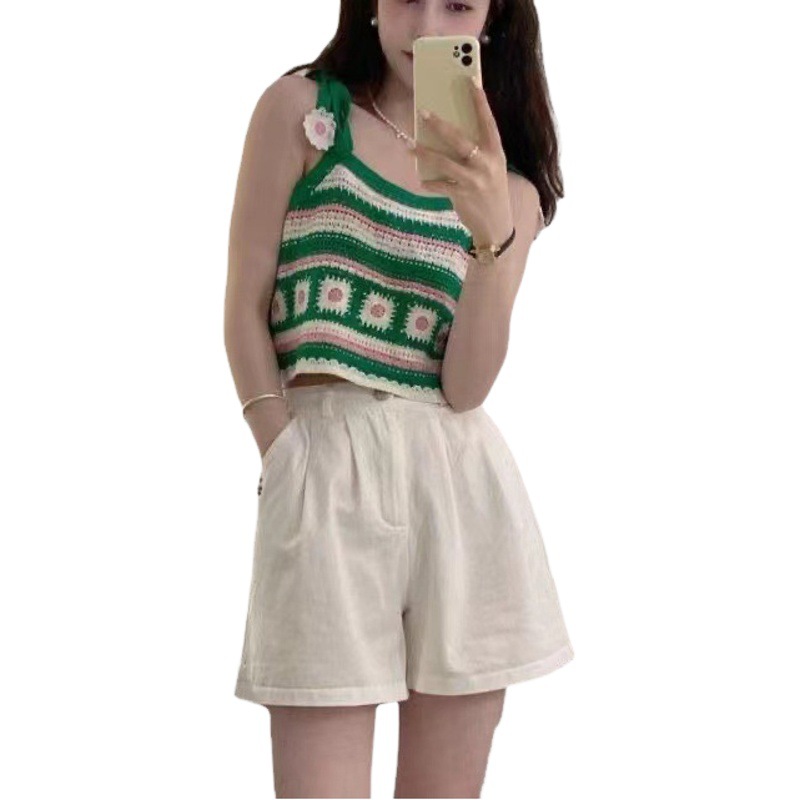 Fashion design sense niche flower strap bow embroidered crocheted camisole inner top women's outer wear