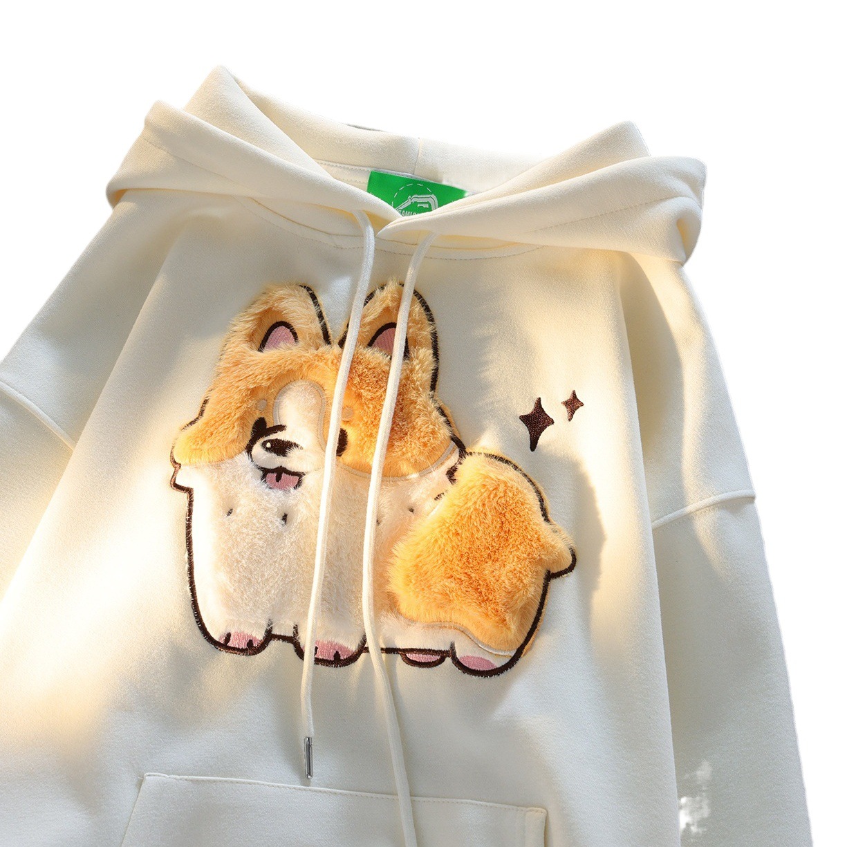 Cartoon Corgi embroidery flocking hooded sweater women's 2024 autumn and winter new pullover lovers loose all-match coat