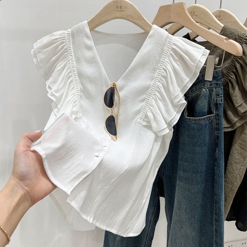 Picture of Chiffon Lace Shirt for Women Petite Flying Sleeves French Ruffle Collar Collarbone High-End Sleeveless Top for Women