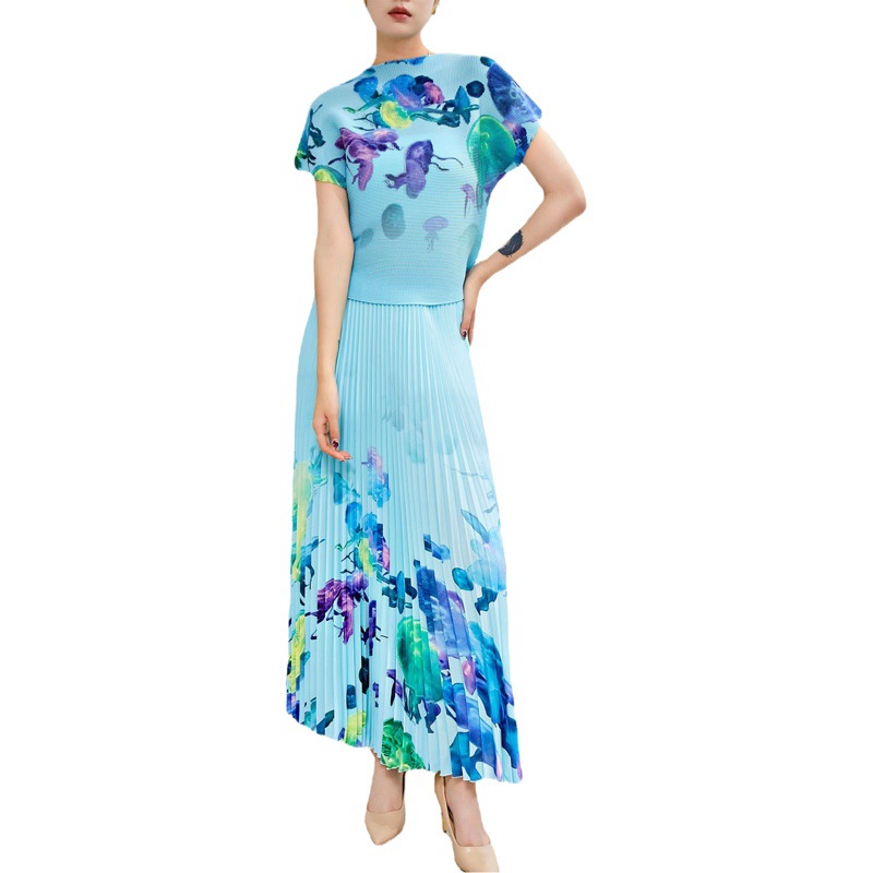 Fashionable Skirt Suit for Women Japanese Style New Summer Casual Small Pleated Print Age-Reducing Temperament Two-Piece Set