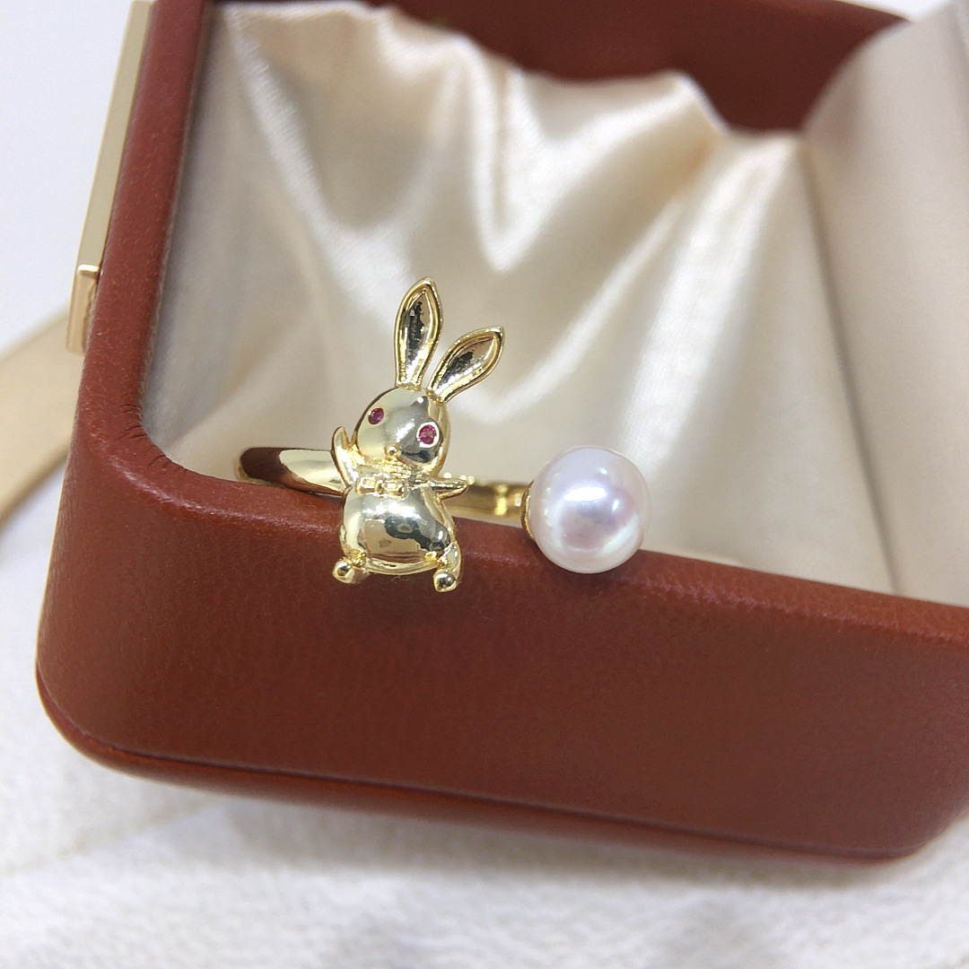 Zhuji strong light bright natural freshwater pearl ring mirror light cute rabbit adjustable opening ring wholesale
