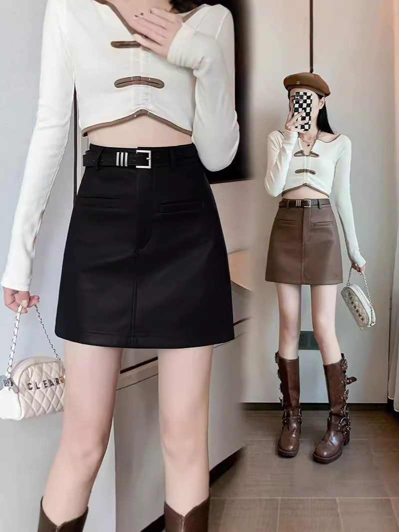 New plus size Autumn High Waist Slimming All-match Hip Skirt Niche Solid Color Hot Girl Design Sense PU Skirt for Women