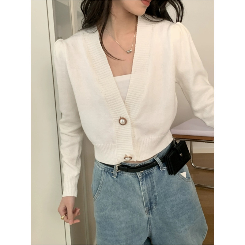 New V Neck Pearl Button Short Lantern Shoulder Long Sleeve Knitted Cardigan Top Sweater Tops Women