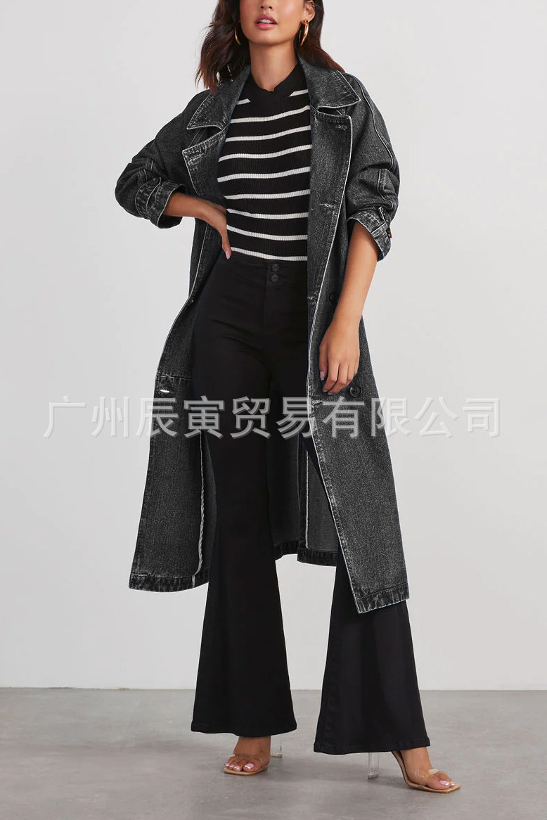 Picture of ins new European and American autumn and winter women's trench coat denim cotton solid color double pocket long buckle loose coat