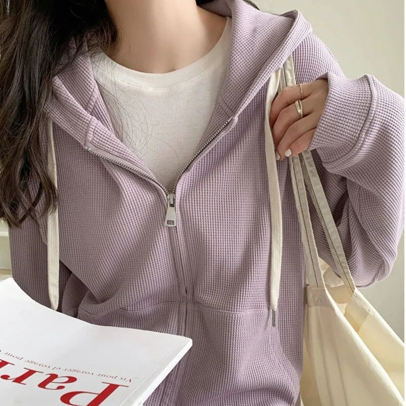 Picture of Spring and Autumn New Korean Style Waffle Sweatshirt Loose Slim Thin Casual Hooded Tops Design Top Women's Clothing