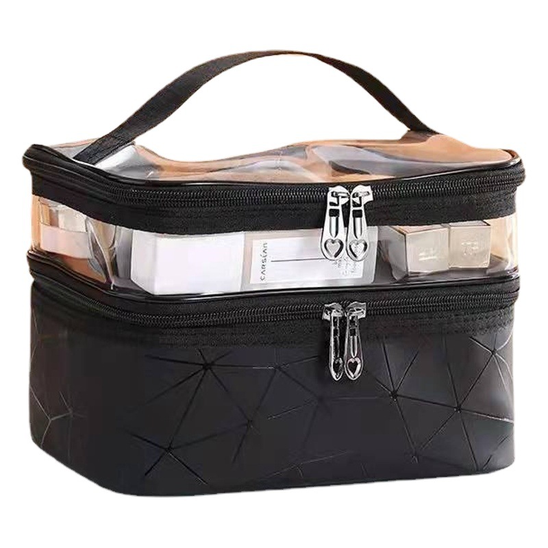 New double-layer creative portable net red plaid multifunctional pvc transparent wash makeup storage bag spot wholesale