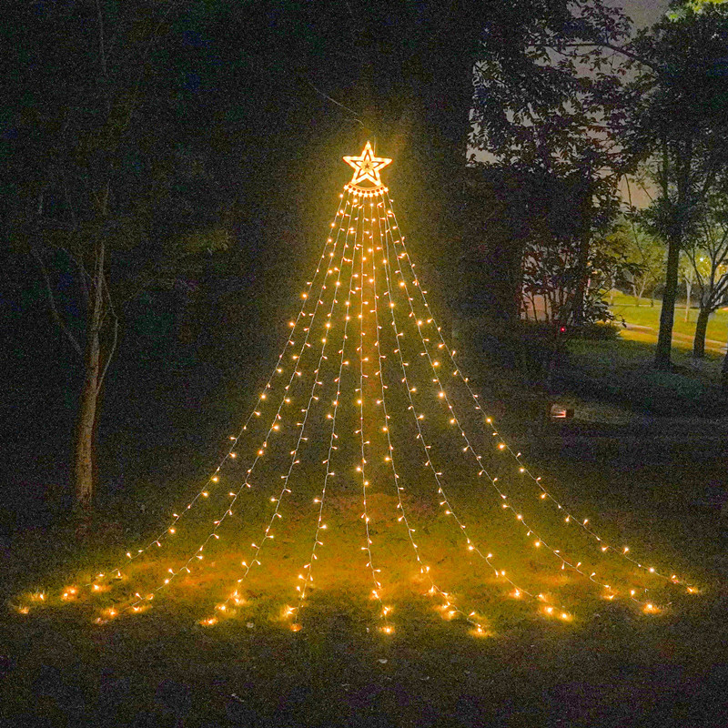 Picture of LED five-pointed star waterfall lamp Christmas hanging tree lamp water lamp outdoor decorative lamp courtyard remote control solar lamp