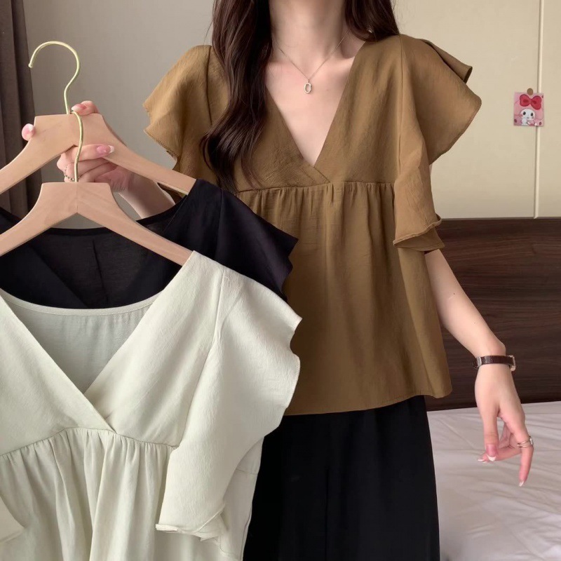 Picture of Cross-border Japanese 2022 Gentle Style Korean Style Sweet Women Flying Sleeve Shirt Top Summer V-Neck Shirt
