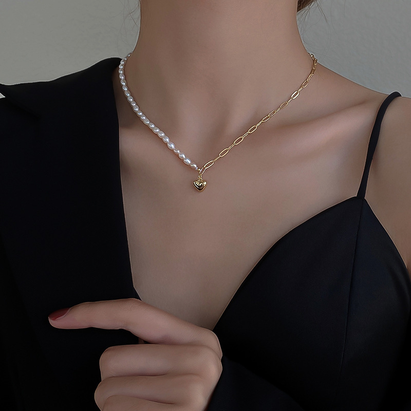Picture of Natural Freshwater Pearl Necklace Women's Asymmetric Stitching Clavicle Chain Love Pendant Neck Chain Niche Design Sense Jewelry