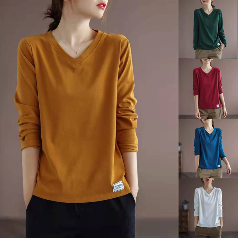 2022 Spring and Autumn Korean Style Simple V-neck Long-sleeved Base Shirt Mother's Loose Large Size Inner Top Printed T-shirt for Women