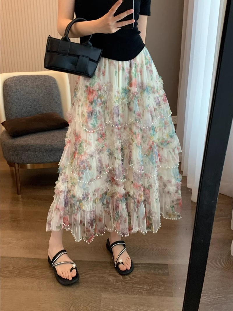 Heavy Beaded Irregular Hem Patchwork Printed Tulle Skirt Colorful Cake 2025 New Half Skirt Mesh Long Skirt