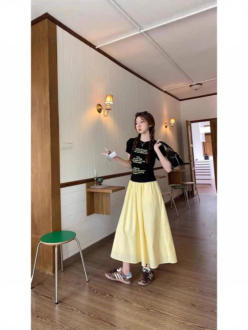 Cross-Border Large Skirt, White and Yellow Skirt, Drapey Elastic High Waist, Covering the Span and Slimming Look, A-Line Mid-Length Skirt
