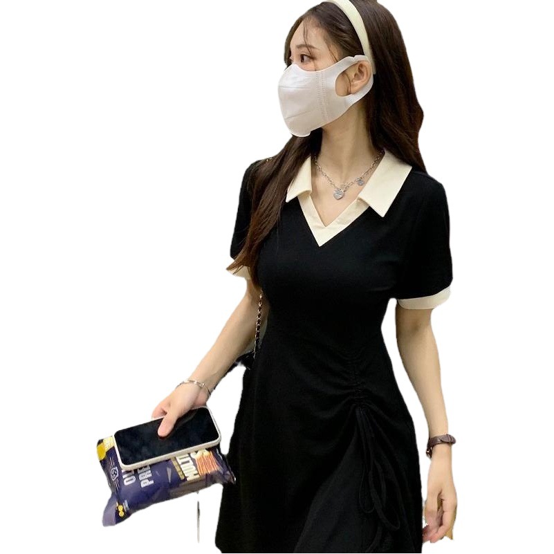 Green Contrasting Color Stitching Small Fresh Polo Collar Skirt Drawstring High Waist Slim Dress Female Student Summer New Style
