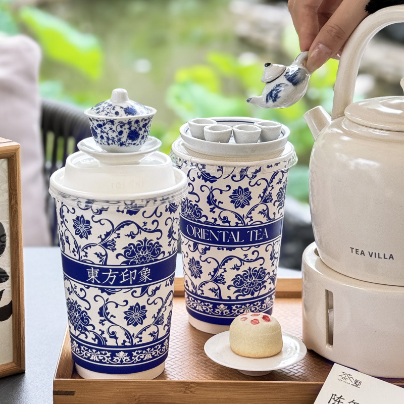 Net red national wind blue and white new Chinese tea cup disposable milk tea shop paper cup commercial hot drink cup logo