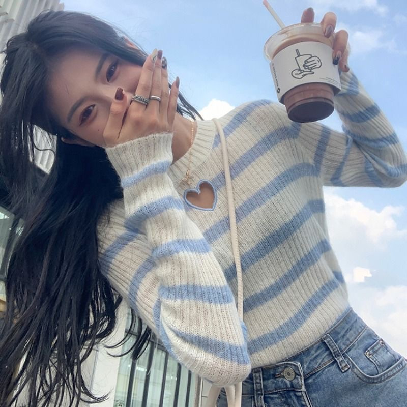 Striped heart hollow-out chic top sweater women's design sense niche versatile slim fit autumn and winter knitted bottoming shirt inner wear